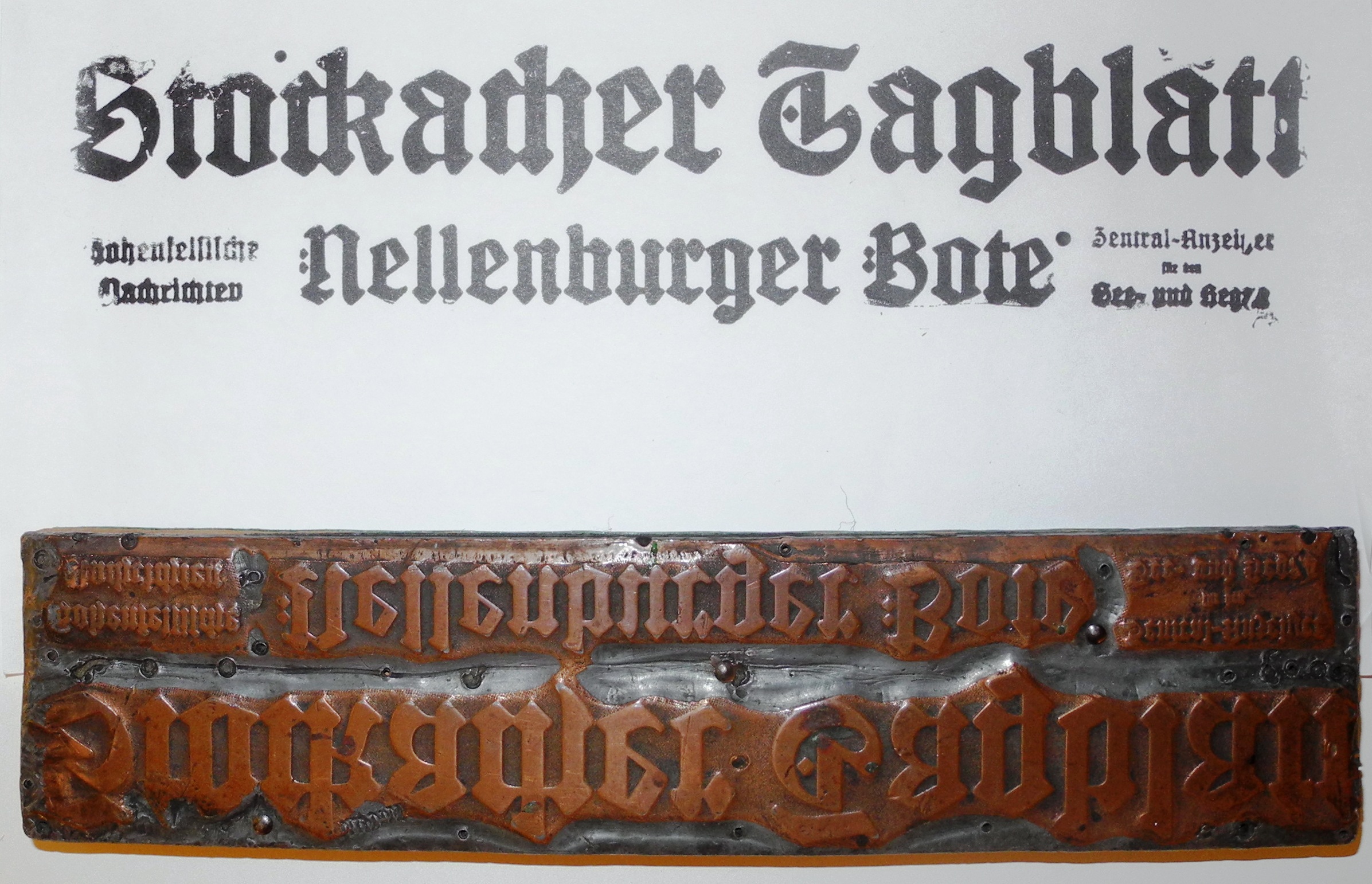  Ein Druckplatte des nationalliberal gesinnten Stockacher Tagblattes im Jahr 1918. 
