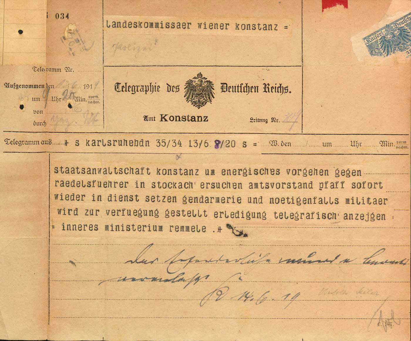 Das Telegramm des badischen Innenministers Remmele an den Konstanzer Landeskommissär Wiener im Juni 1919, Staatsarchiv Freiburg, A 96/1 Nr. 6608 