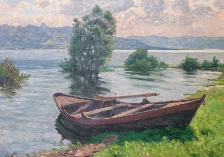 Kunstpostkarte im Editionsformat (11,4 x 16,2cm) mit Abbildung von Werner Mollweides Kunstwerk „Boot am See“. Kunstpostkarte im Editionsformat (11,4 x 16,2cm) mit Abbildung von Werner Mollweides Kunstwerk „Boot am See“.