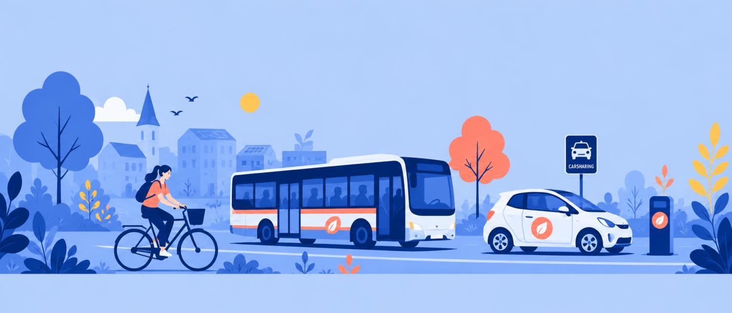 Grafik zeigt Radfahrerin, Bus und Car-Sharing-Angebot