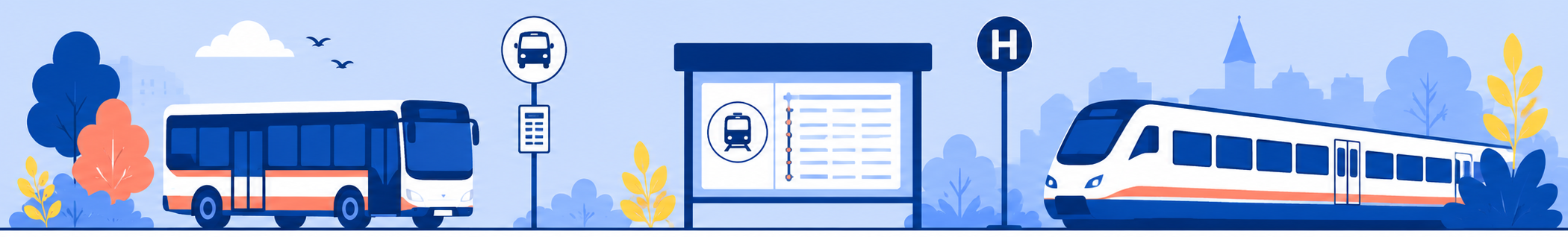 Grafik zeigt Bus, Zug und einen Fahrplan
