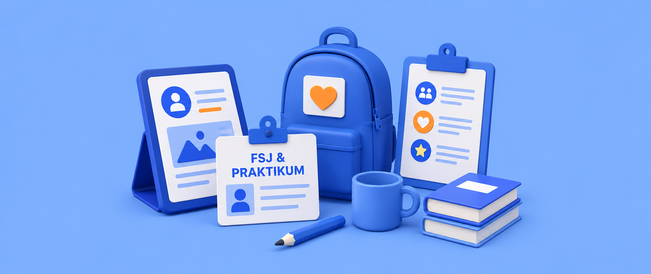 Eine Grafik zeigt Unterlagen für ein FSJ, einen Rucksack und einen Bücherstapel 